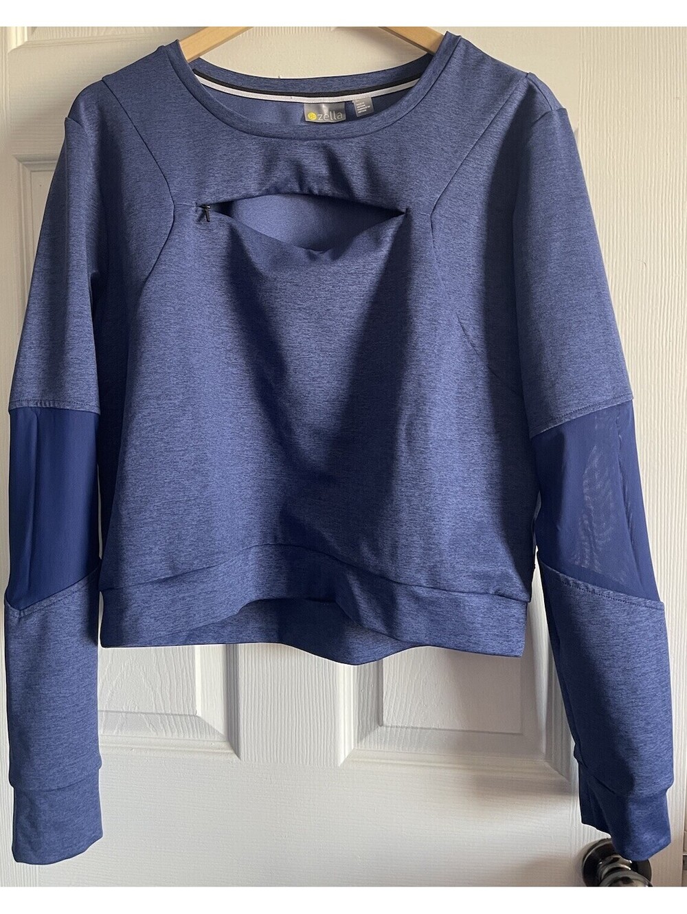Zella Long Sleeve Top Chest Zipper Open Cut Out Mesh Detail Logo Size Large Blue
